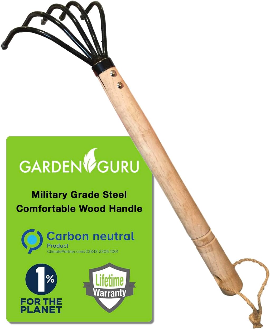 Hand Rake Cultivator Claw Soil Tiller - Military Grade Steel - Rust Resistant - 5 Tine Japanese Ninja Claw - Comfortable Wood Handle - Perfect Pulverized and Aerated Soil