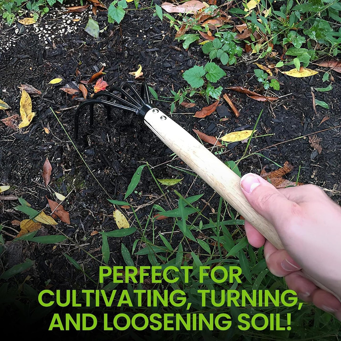 Hand Rake Cultivator Claw Soil Tiller - Military Grade Steel - Rust Resistant - 5 Tine Japanese Ninja Claw - Comfortable Wood Handle - Perfect Pulverized and Aerated Soil
