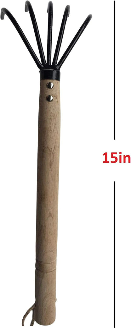 Hand Rake Cultivator Claw Soil Tiller - Military Grade Steel - Rust Resistant - 5 Tine Japanese Ninja Claw - Comfortable Wood Handle - Perfect Pulverized and Aerated Soil