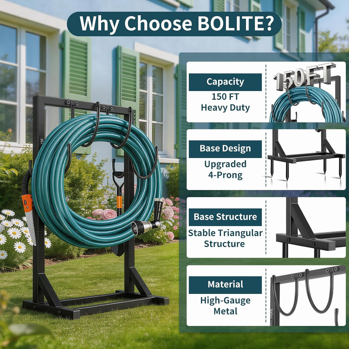 Garden Hose Holder Stand, Heavy Duty Metal Hose Hanger, Holds 150ft