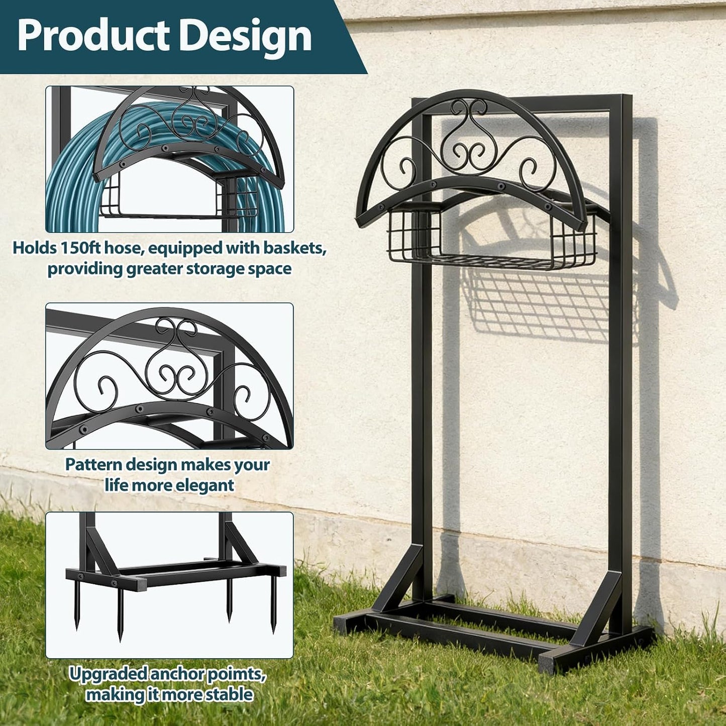Garden Hose Holder Stand, Heavy Duty Metal Hose Hanger, Holds 150ft