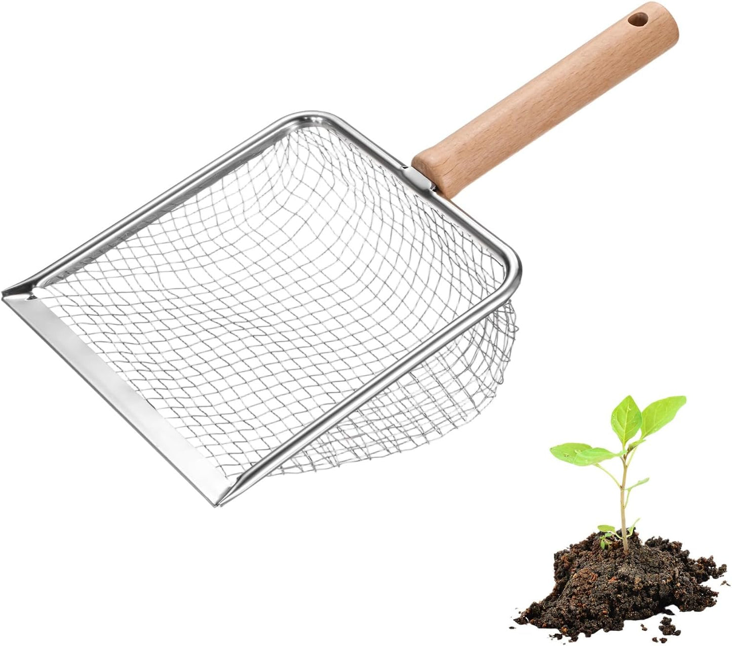 1-Pack Gardening Soil Sifter, 5 mm Mesh Stainless Steel Sand Soil Compost Sieve with Beech Handle for Sand/Dirt/Rock Compost, Screen Potting Scoop [Silver Tone]