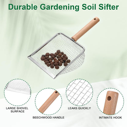 1-Pack Gardening Soil Sifter, 5 mm Mesh Stainless Steel Sand Soil Compost Sieve with Beech Handle for Sand/Dirt/Rock Compost, Screen Potting Scoop [Silver Tone]