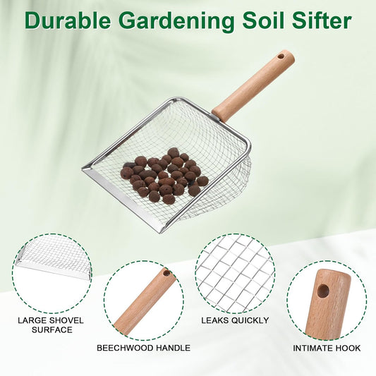 1-Pack Gardening Soil Sifter, 5 mm Mesh Stainless Steel Sand Soil Compost Sieve with Beech Handle for Sand/Dirt/Rock Compost, Screen Potting Scoop [Silver Tone]