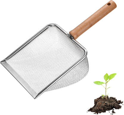 1-Pack Gardening Soil Sifter, 5 mm Mesh Stainless Steel Sand Soil Compost Sieve with Beech Handle for Sand/Dirt/Rock Compost, Screen Potting Scoop [Silver Tone]