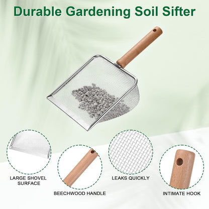 1-Pack Gardening Soil Sifter, 5 mm Mesh Stainless Steel Sand Soil Compost Sieve with Beech Handle for Sand/Dirt/Rock Compost, Screen Potting Scoop [Silver Tone]