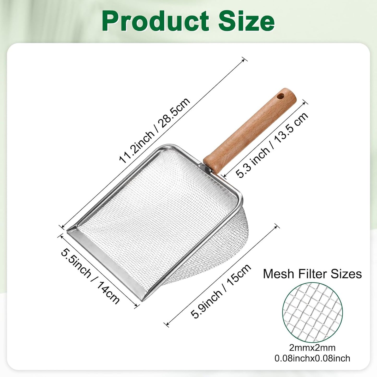 1-Pack Gardening Soil Sifter, 5 mm Mesh Stainless Steel Sand Soil Compost Sieve with Beech Handle for Sand/Dirt/Rock Compost, Screen Potting Scoop [Silver Tone]