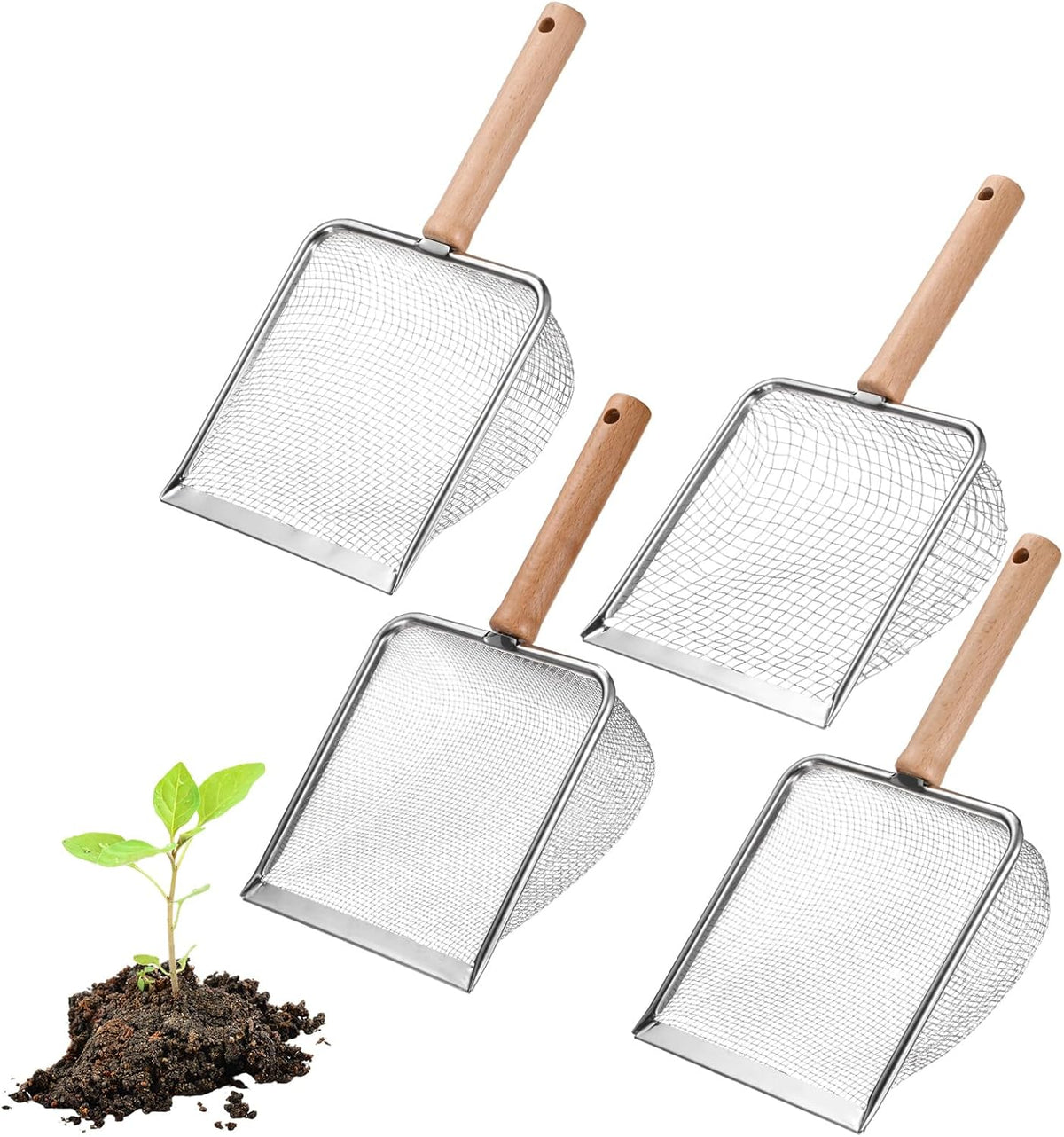 1-Pack Gardening Soil Sifter, 5 mm Mesh Stainless Steel Sand Soil Compost Sieve with Beech Handle for Sand/Dirt/Rock Compost, Screen Potting Scoop [Silver Tone]