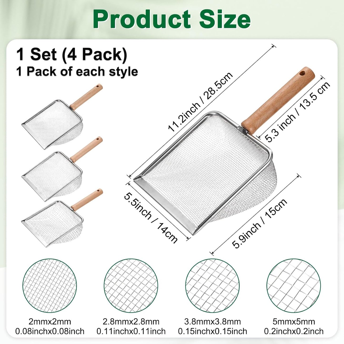 1-Pack Gardening Soil Sifter, 5 mm Mesh Stainless Steel Sand Soil Compost Sieve with Beech Handle for Sand/Dirt/Rock Compost, Screen Potting Scoop [Silver Tone]
