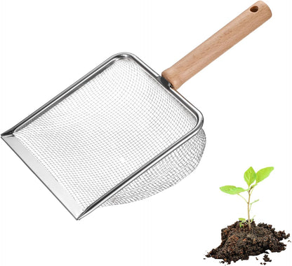 1-Pack Gardening Soil Sifter, 5 mm Mesh Stainless Steel Sand Soil Compost Sieve with Beech Handle for Sand/Dirt/Rock Compost, Screen Potting Scoop [Silver Tone]