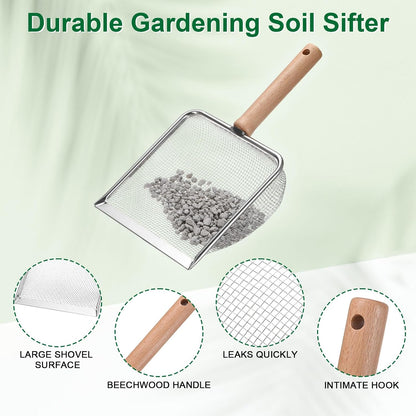 1-Pack Gardening Soil Sifter, 5 mm Mesh Stainless Steel Sand Soil Compost Sieve with Beech Handle for Sand/Dirt/Rock Compost, Screen Potting Scoop [Silver Tone]
