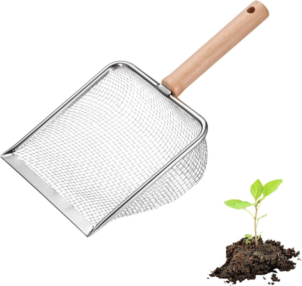 1-Pack Gardening Soil Sifter, 5 mm Mesh Stainless Steel Sand Soil Compost Sieve with Beech Handle for Sand/Dirt/Rock Compost, Screen Potting Scoop [Silver Tone]