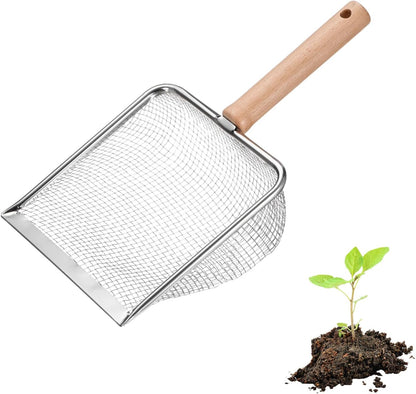 1-Pack Gardening Soil Sifter, 5 mm Mesh Stainless Steel Sand Soil Compost Sieve with Beech Handle for Sand/Dirt/Rock Compost, Screen Potting Scoop [Silver Tone]