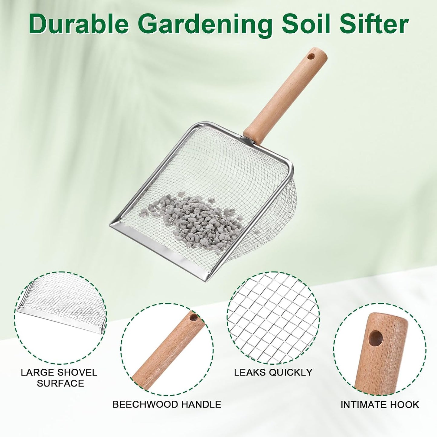 1-Pack Gardening Soil Sifter, 5 mm Mesh Stainless Steel Sand Soil Compost Sieve with Beech Handle for Sand/Dirt/Rock Compost, Screen Potting Scoop [Silver Tone]