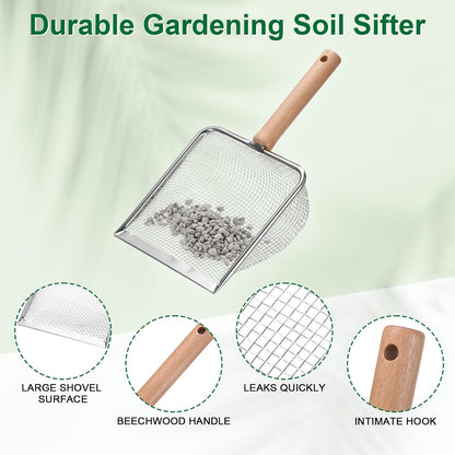 1-Pack Gardening Soil Sifter, 5 mm Mesh Stainless Steel Sand Soil Compost Sieve with Beech Handle for Sand/Dirt/Rock Compost, Screen Potting Scoop [Silver Tone]