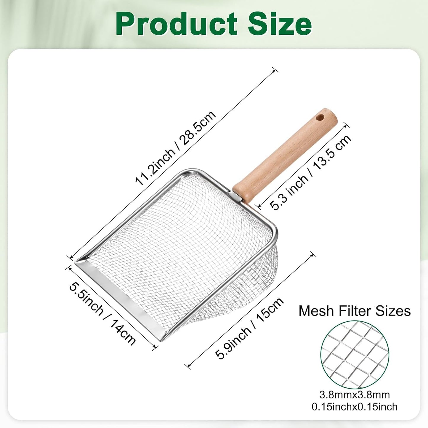 1-Pack Gardening Soil Sifter, 5 mm Mesh Stainless Steel Sand Soil Compost Sieve with Beech Handle for Sand/Dirt/Rock Compost, Screen Potting Scoop [Silver Tone]