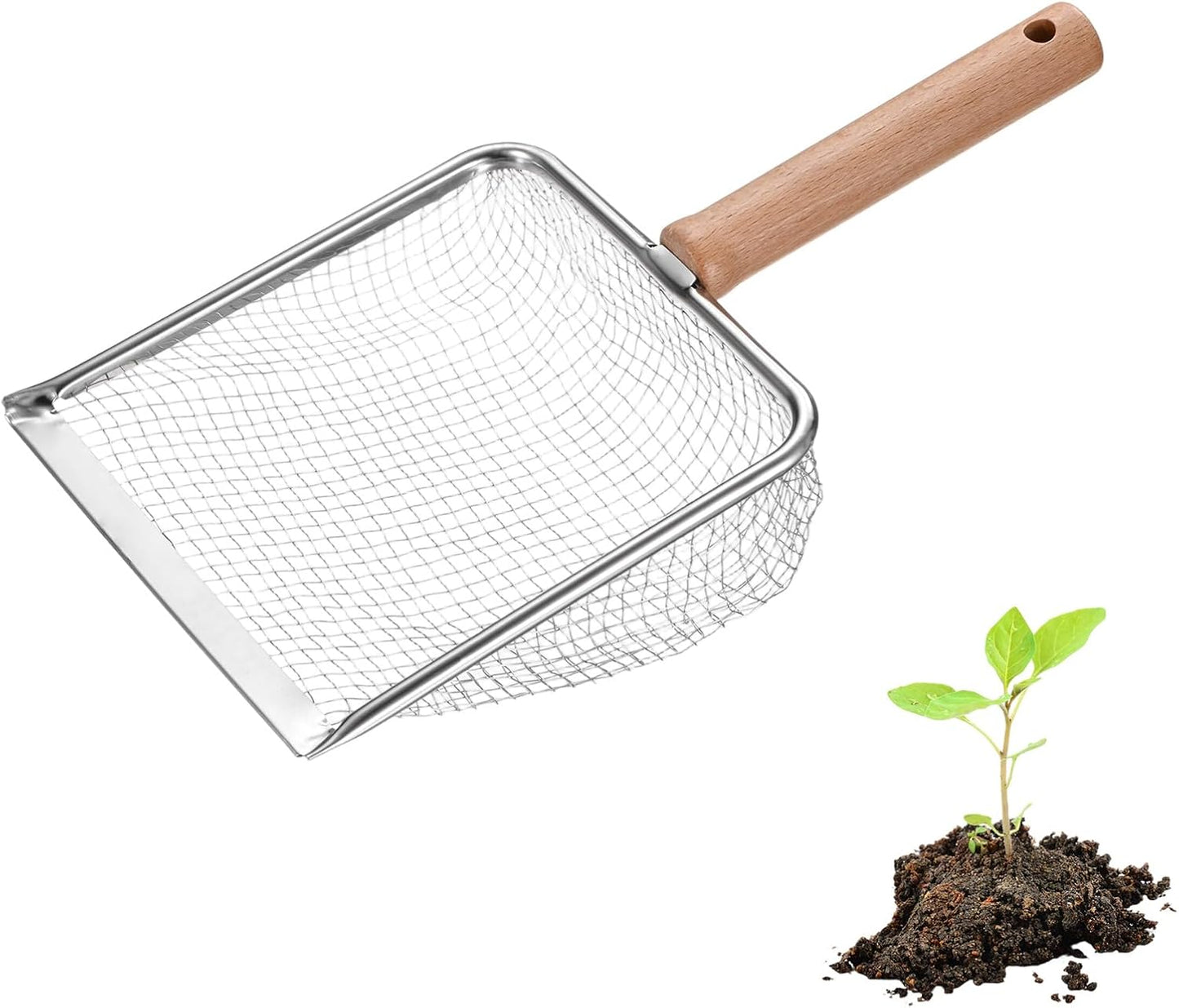 1-Pack Gardening Soil Sifter, 5 mm Mesh Stainless Steel Sand Soil Compost Sieve with Beech Handle for Sand/Dirt/Rock Compost, Screen Potting Scoop [Silver Tone]
