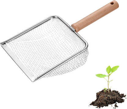 1-Pack Gardening Soil Sifter, 5 mm Mesh Stainless Steel Sand Soil Compost Sieve with Beech Handle for Sand/Dirt/Rock Compost, Screen Potting Scoop [Silver Tone]