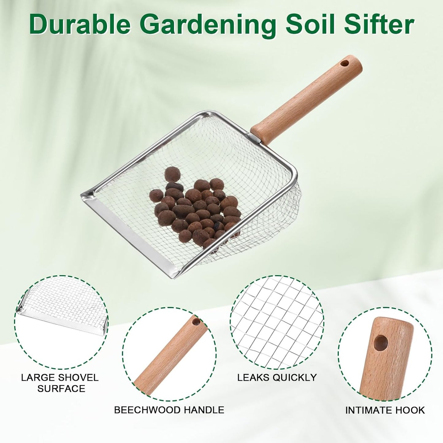 1-Pack Gardening Soil Sifter, 5 mm Mesh Stainless Steel Sand Soil Compost Sieve with Beech Handle for Sand/Dirt/Rock Compost, Screen Potting Scoop [Silver Tone]