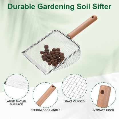 1-Pack Gardening Soil Sifter, 5 mm Mesh Stainless Steel Sand Soil Compost Sieve with Beech Handle for Sand/Dirt/Rock Compost, Screen Potting Scoop [Silver Tone]