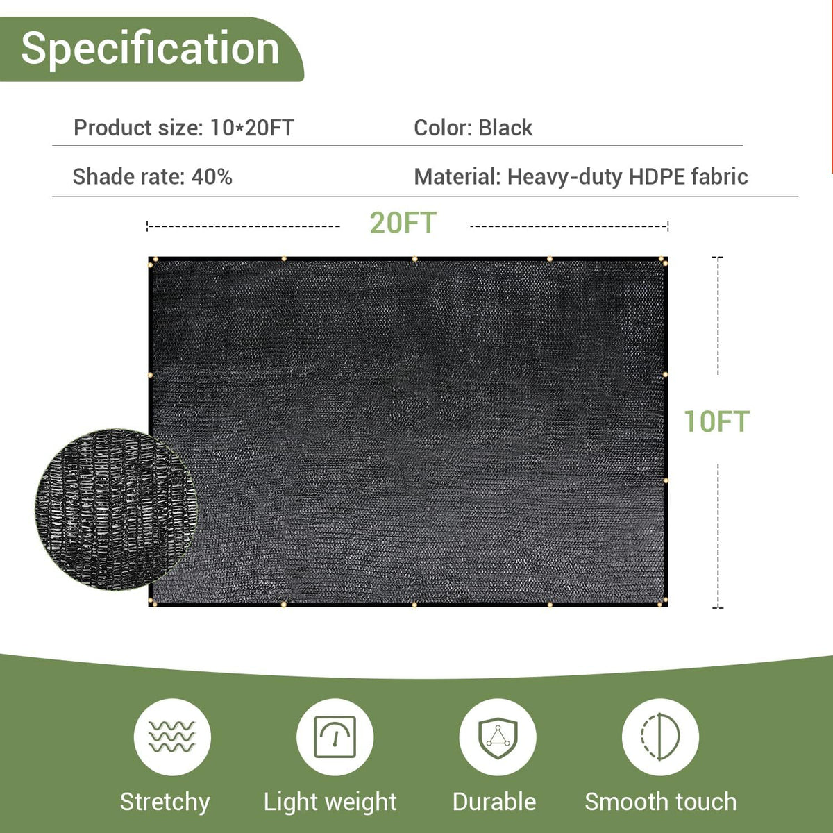 40% Garden Shade Cloth, 10x20FT HDPE Mesh Tarp with Upgraded Grommets