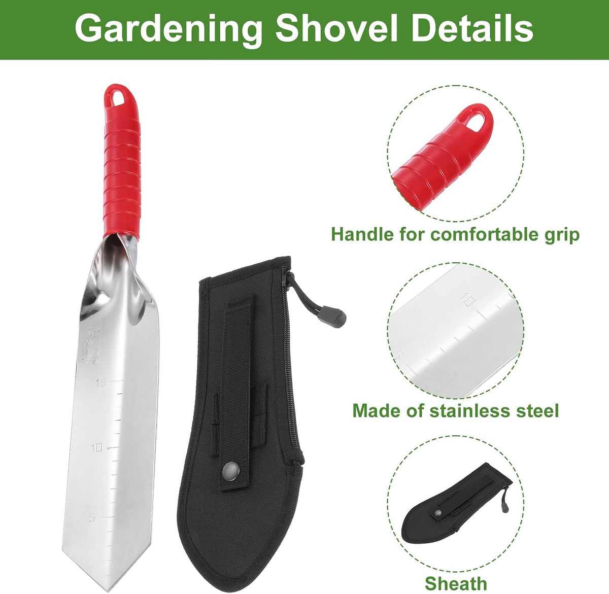 Garden Hand Shovel 15.2 x 2.7 Stainless Steel Trowel Garden Tool with Sheath for Digging Planting Transplanting, Red & Black