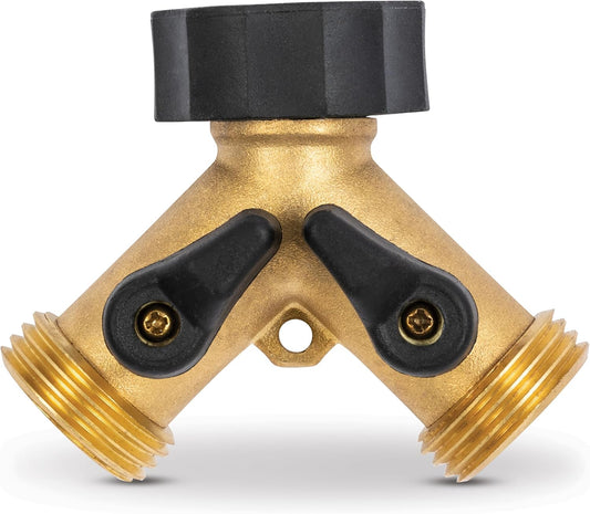 Heavy Duty 2 Way Garden Hose Splitter, Dual Water Hose Splitter with Shut Off Valve, Brass Water Manifold
