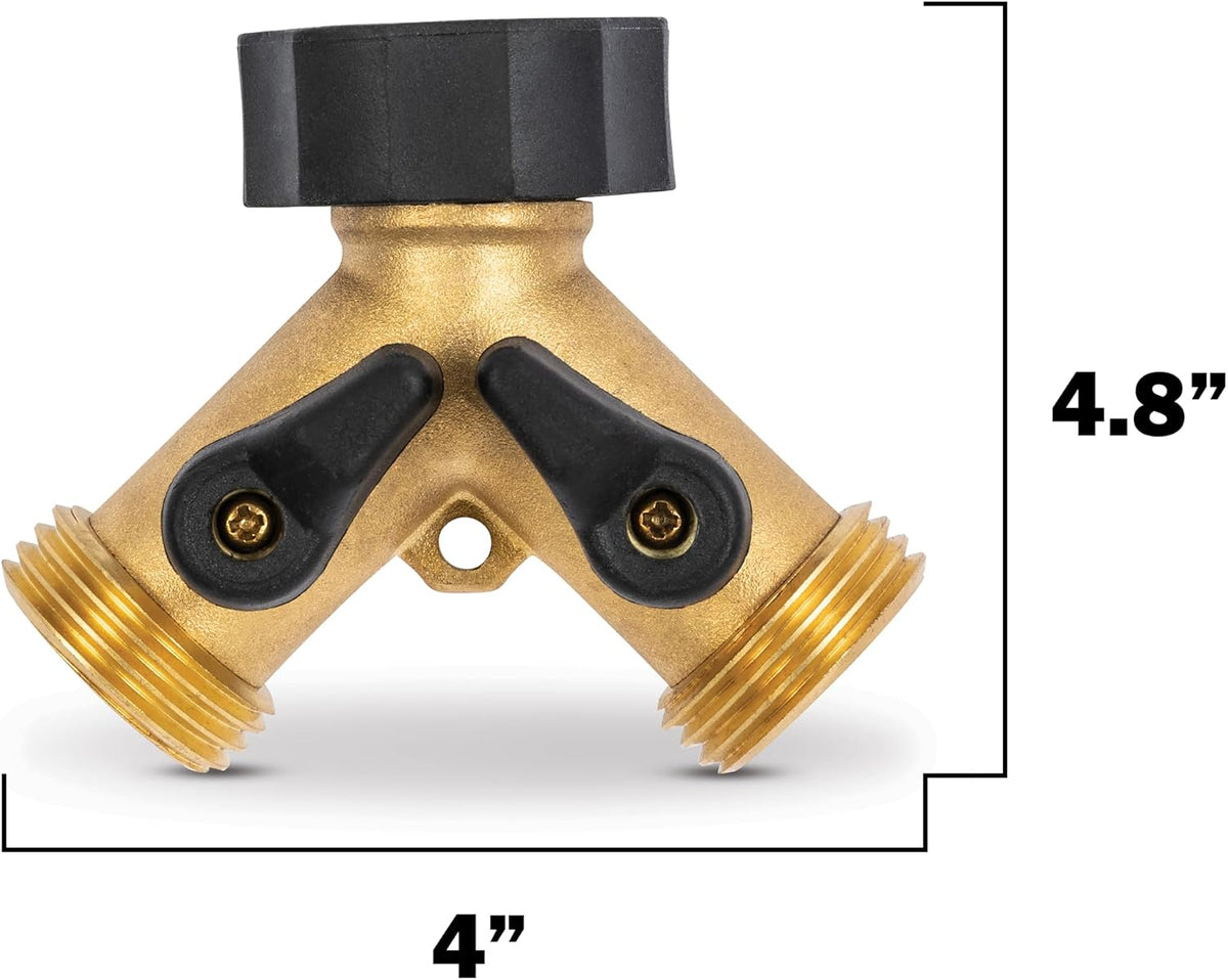 Heavy Duty 2 Way Garden Hose Splitter, Dual Water Hose Splitter with Shut Off Valve, Brass Water Manifold