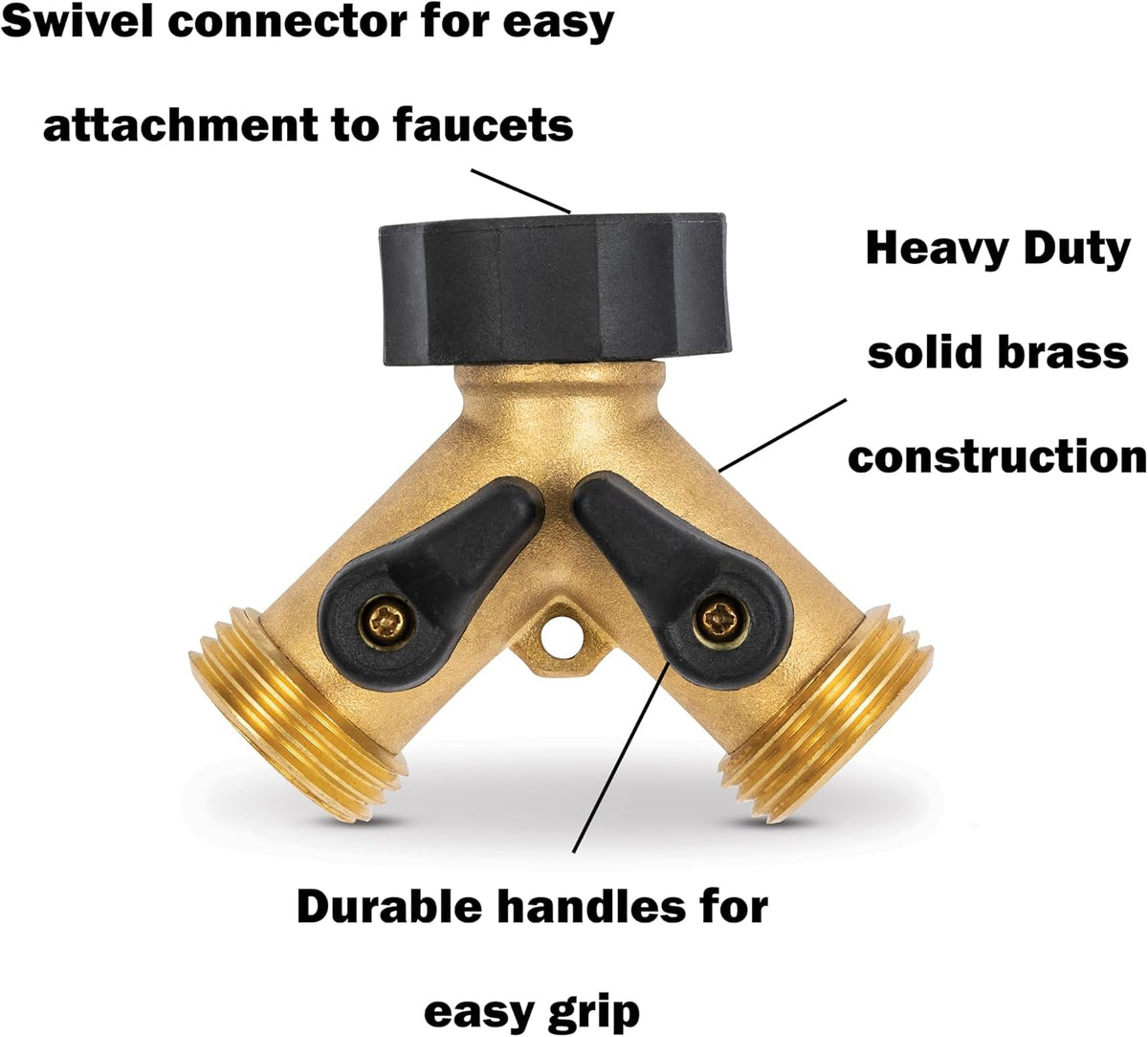Heavy Duty 2 Way Garden Hose Splitter, Dual Water Hose Splitter with Shut Off Valve, Brass Water Manifold