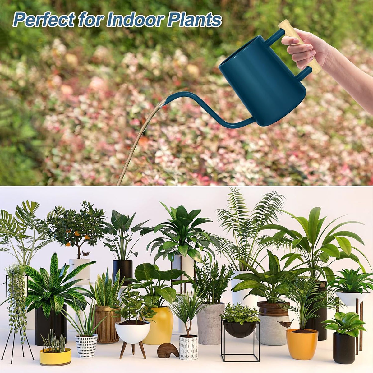 Watering Can for Indoor Plants, 35 oz/1000 ml Metal Stainless Steel Pot with Long Spout for House Plants Bonsai Outdoor Garden Flower Decorative (Black)