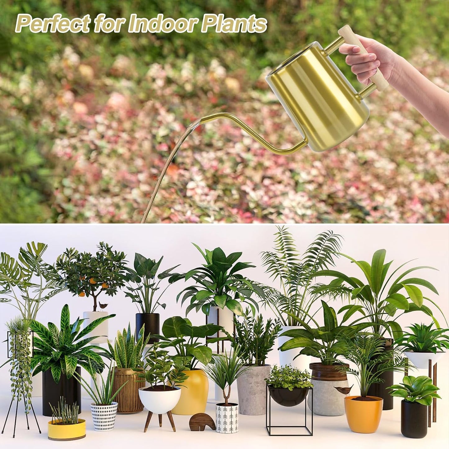 Watering Can for Indoor Plants, 35 oz/1000 ml Metal Stainless Steel Pot with Long Spout for House Plants Bonsai Outdoor Garden Flower Decorative (Black)