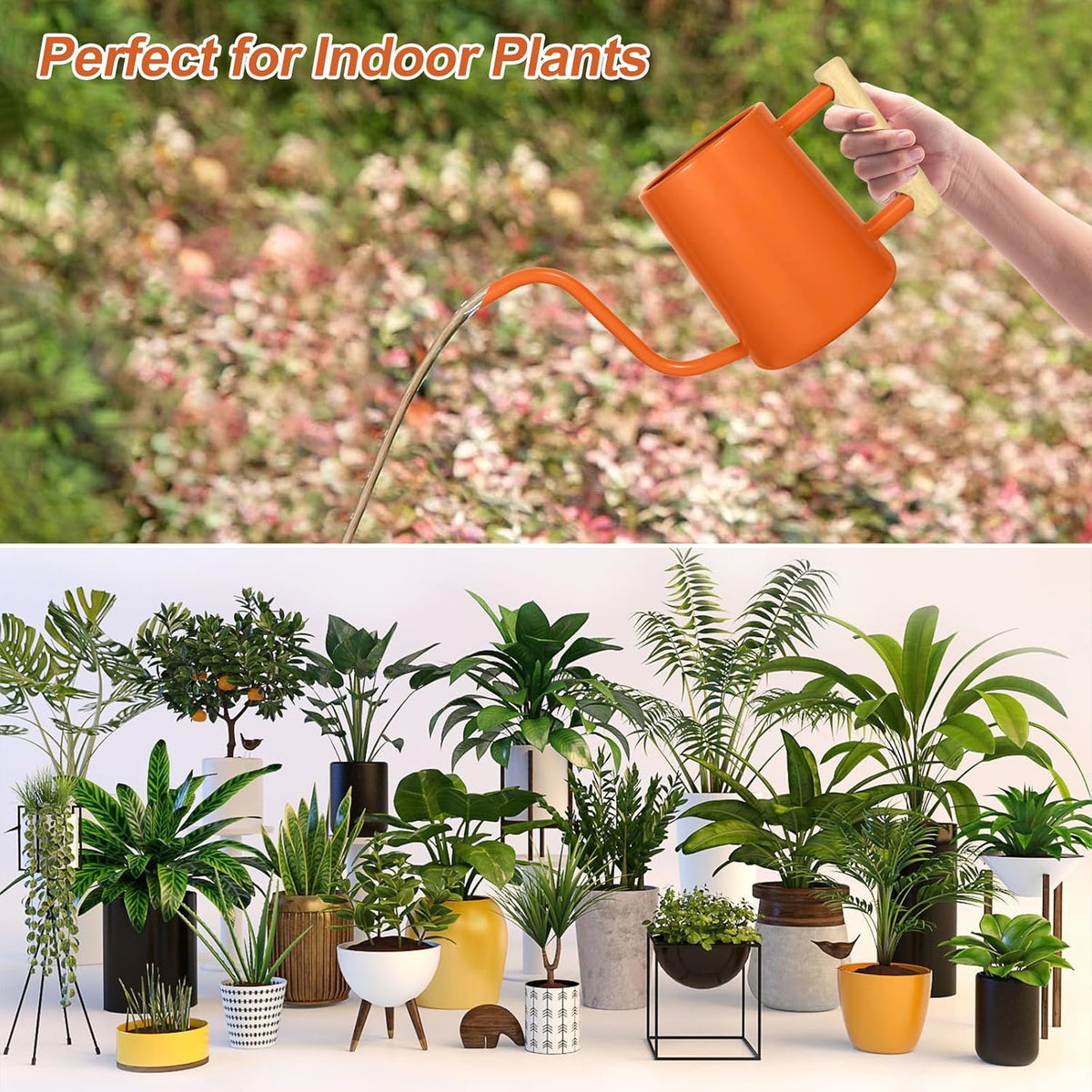Watering Can for Indoor Plants, 35 oz/1000 ml Metal Stainless Steel Pot with Long Spout for House Plants Bonsai Outdoor Garden Flower Decorative (Black)