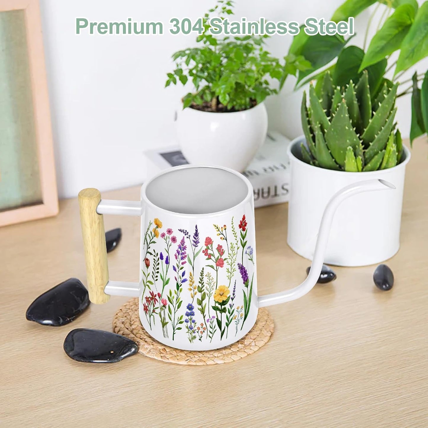 Watering Can for Indoor Plants, 35 oz/1000 ml Metal Stainless Steel Pot with Long Spout for House Plants Bonsai Outdoor Garden Flower Decorative (Black)