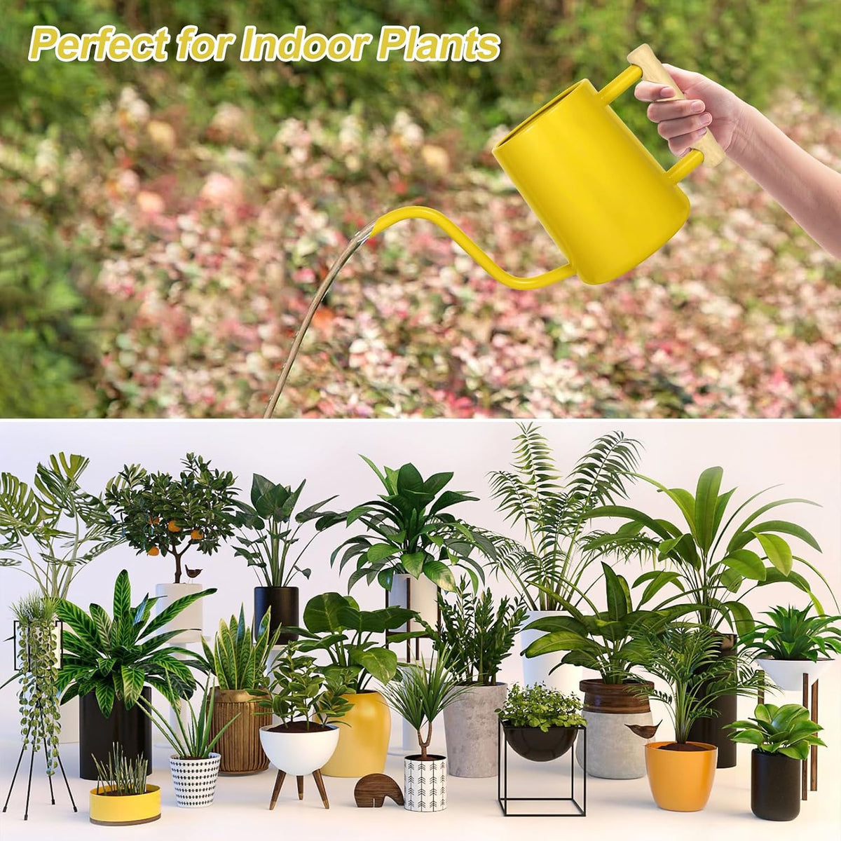 Watering Can for Indoor Plants, 35 oz/1000 ml Metal Stainless Steel Pot with Long Spout for House Plants Bonsai Outdoor Garden Flower Decorative (Black)