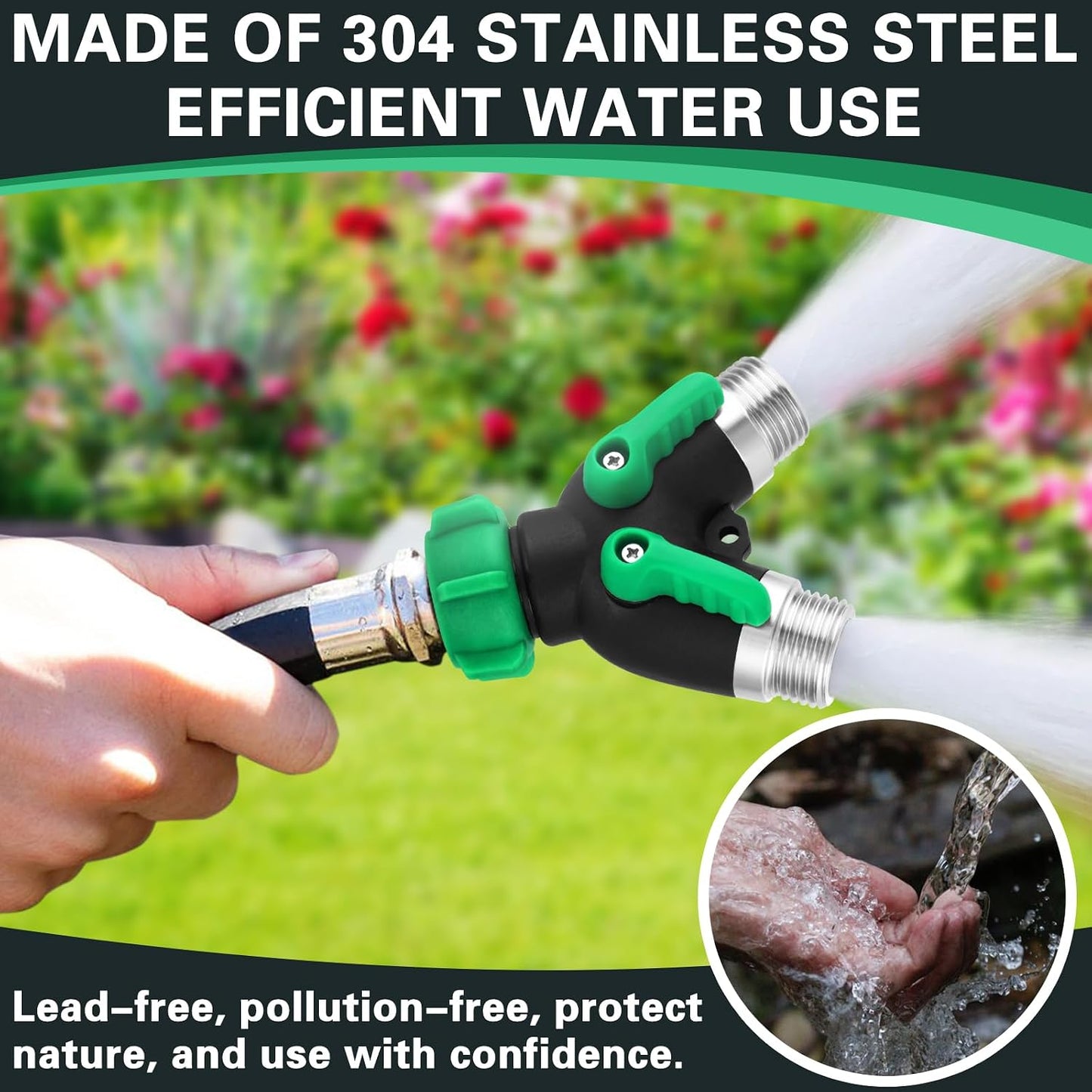 304 Stainless Steel Hose Splitter 2 Way, 3/4" GHT Garden Hose Splitter 2 Way Heavy Duty, Full Flow Garden Hose Splitters - Durable Water Spigot Splitter Y Adapter