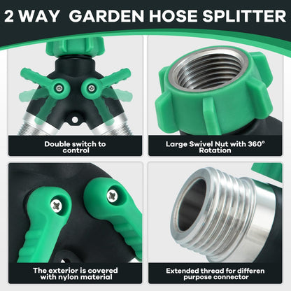 304 Stainless Steel Hose Splitter 2 Way, 3/4" GHT Garden Hose Splitter 2 Way Heavy Duty, Full Flow Garden Hose Splitters - Durable Water Spigot Splitter Y Adapter