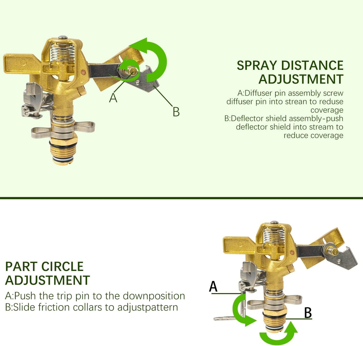 1/2 Inch Brass Impact Sprinkler, Heavy Duty Water Sprinkler Head, Adjustable 0-360 Degree Coverage Pattern, Watering Sprinkler with Nozzles for Large Patio Garden Irrigation (1 Pack)