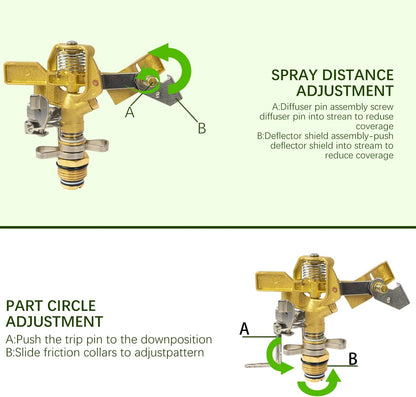 1/2 Inch Brass Impact Sprinkler, Heavy Duty Water Sprinkler Head, Adjustable 0-360 Degree Coverage Pattern, Watering Sprinkler with Nozzles for Large Patio Garden Irrigation (1 Pack)
