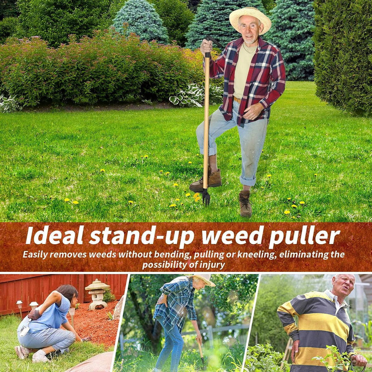 Stand-Up Weed Puller with Long Handle, Made of Aluminum Alloy Bamboo Texture Design, Roots Remover for Garden & Lawn Care, Easily Remove Weeds Without Bending, Pulling, or Kneeling