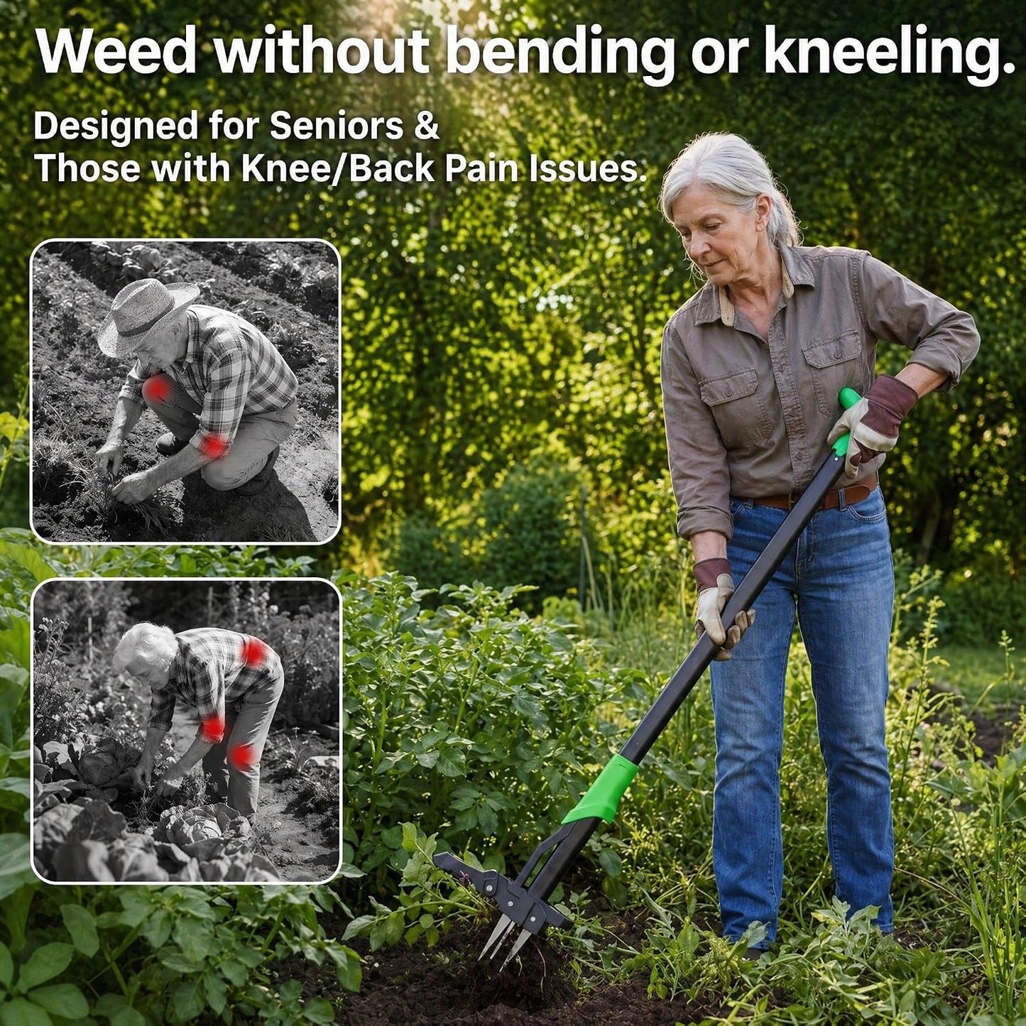 40 Inch Long Stand-Up Weed Puller Tool with 4 Claw Steel Head & Eject Mechanism – Ergonomic Long Handle Garden Weeder, Easily Remove Weeds Without Bending, Pulling, or Kneeling.