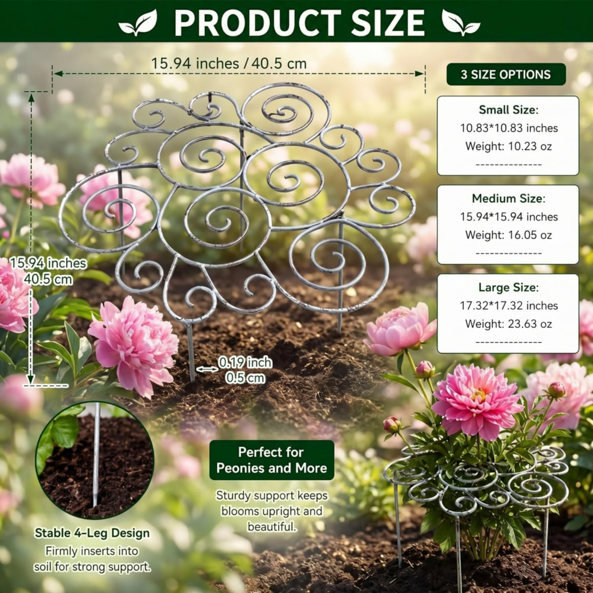 Metal Plant Support Ring, Peony Cages and Supports, Grow Through Stake