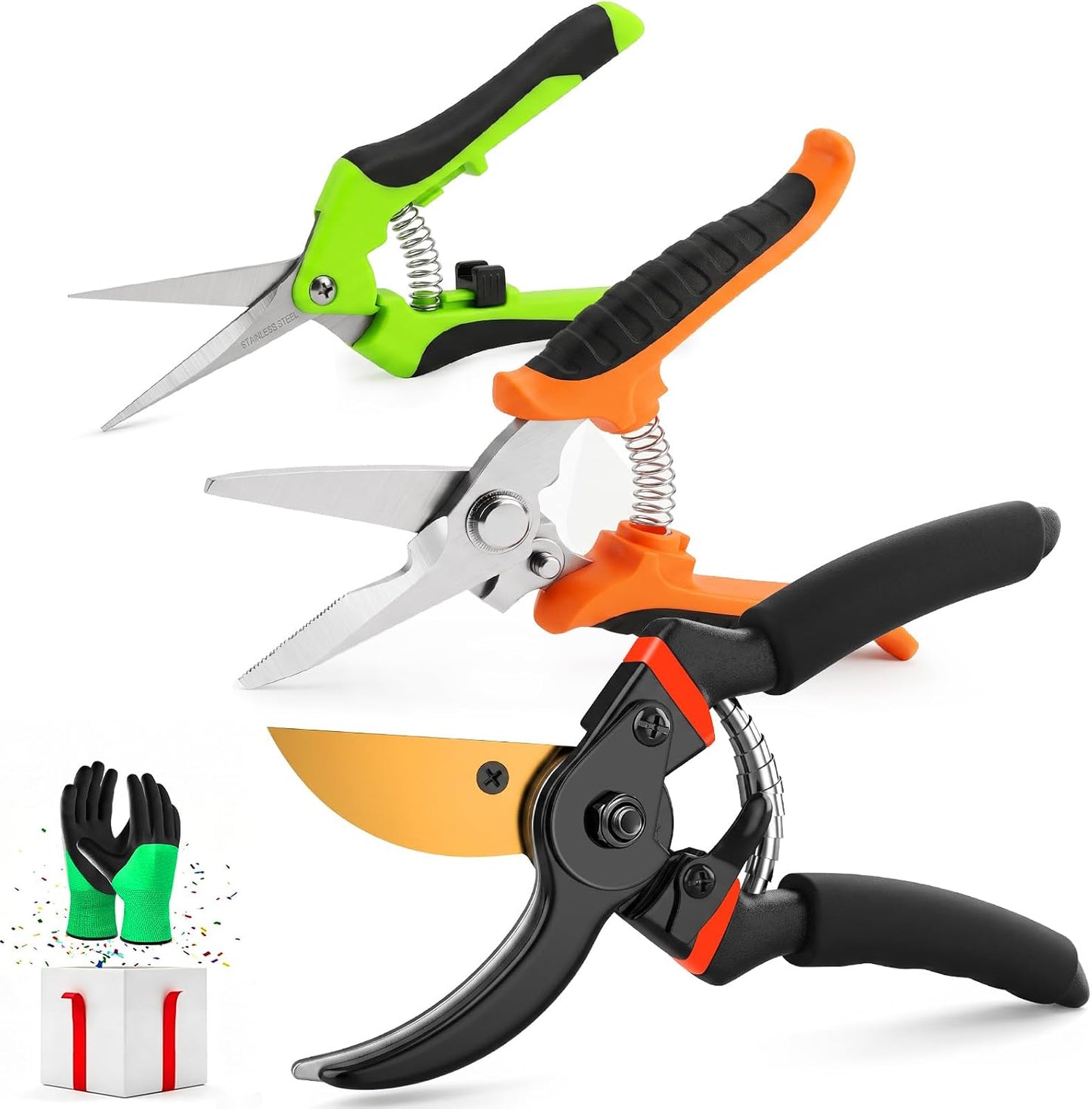 3 Pack Garden Pruning Shears Stainless Steel Blades Handheld Pruners Set with Gardening Gloves