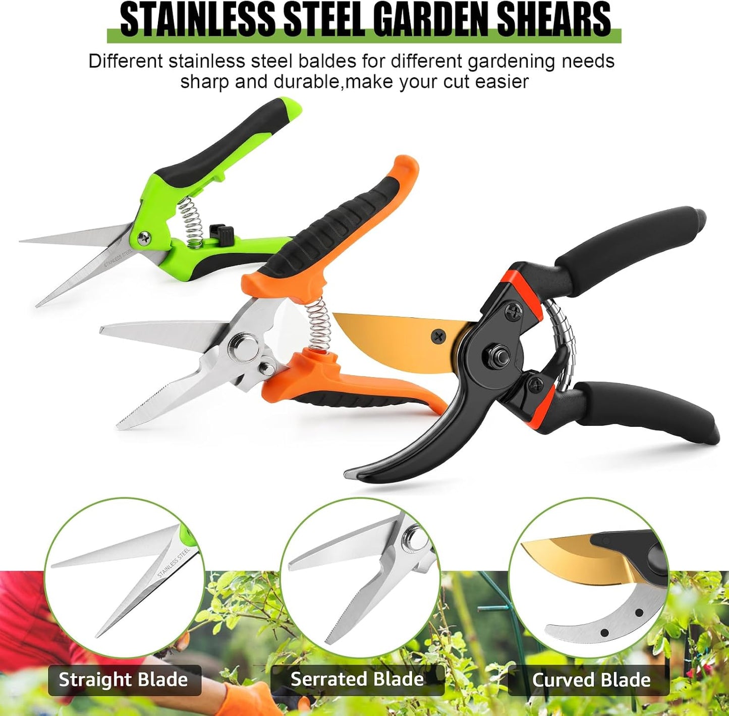 3 Pack Garden Pruning Shears Stainless Steel Blades Handheld Pruners Set with Gardening Gloves