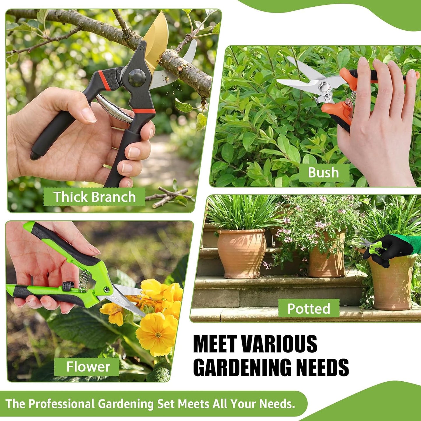 3 Pack Garden Pruning Shears Stainless Steel Blades Handheld Pruners Set with Gardening Gloves