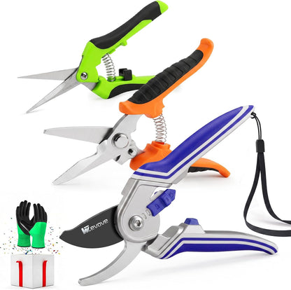 3 Pack Garden Pruning Shears Stainless Steel Blades Handheld Pruners Set with Gardening Gloves