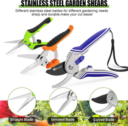 3 Pack Garden Pruning Shears Stainless Steel Blades Handheld Pruners Set with Gardening Gloves