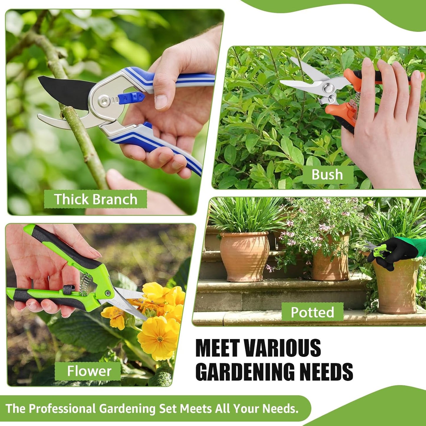 3 Pack Garden Pruning Shears Stainless Steel Blades Handheld Pruners Set with Gardening Gloves