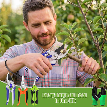 3 Pack Garden Pruning Shears Stainless Steel Blades Handheld Pruners Set with Gardening Gloves
