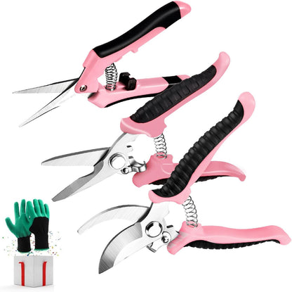 3 Pack Garden Pruning Shears Stainless Steel Blades Handheld Pruners Set with Gardening Gloves