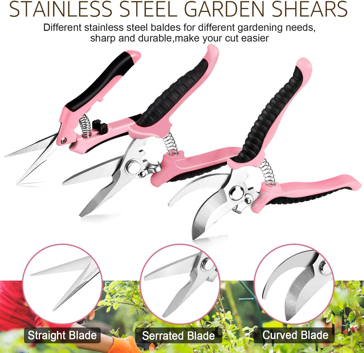 3 Pack Garden Pruning Shears Stainless Steel Blades Handheld Pruners Set with Gardening Gloves